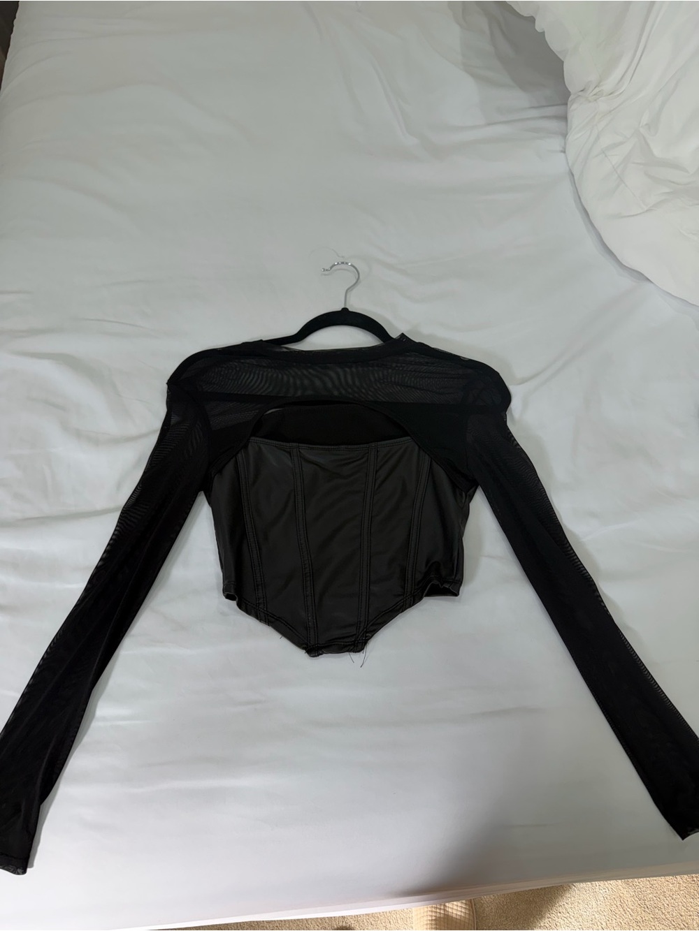 Black Sheer Mesh Long-Sleeve Corset Top